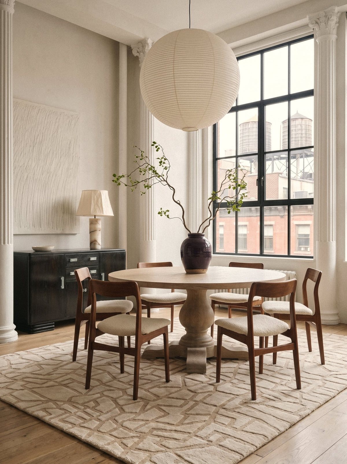 Article 441 ivory carved mosaic alpaca and linen hand-knotted rug in a dining room