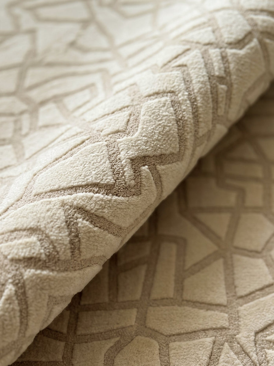 Article 441 ivory carved mosaic alpaca and linen hand-knotted rug folded back to show pile depth and texture