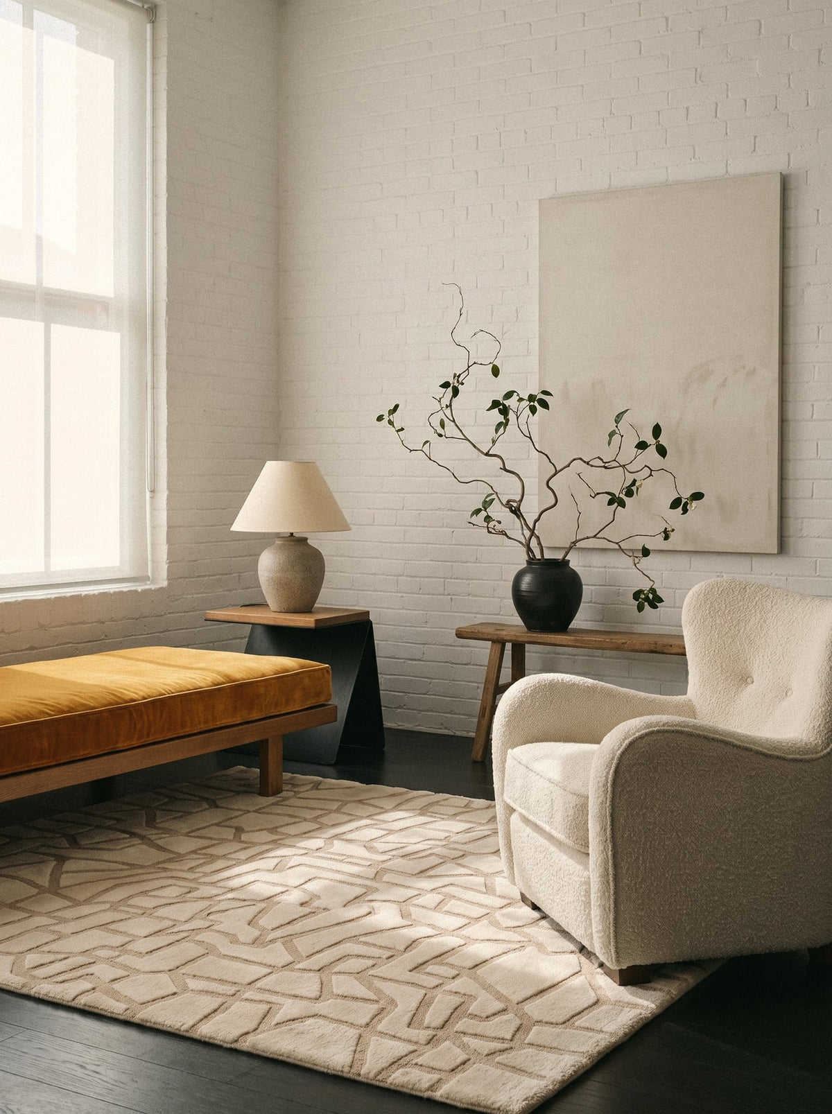 Article 441 ivory carved mosaic alpaca and linen hand-knotted rug in a loft corner, second view