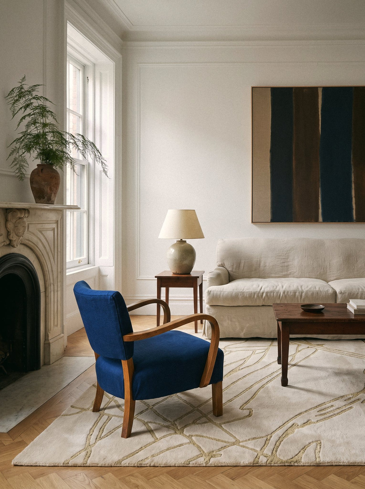 Article 443 ivory abstract line alpaca and linen hand-knotted rug in a living room
