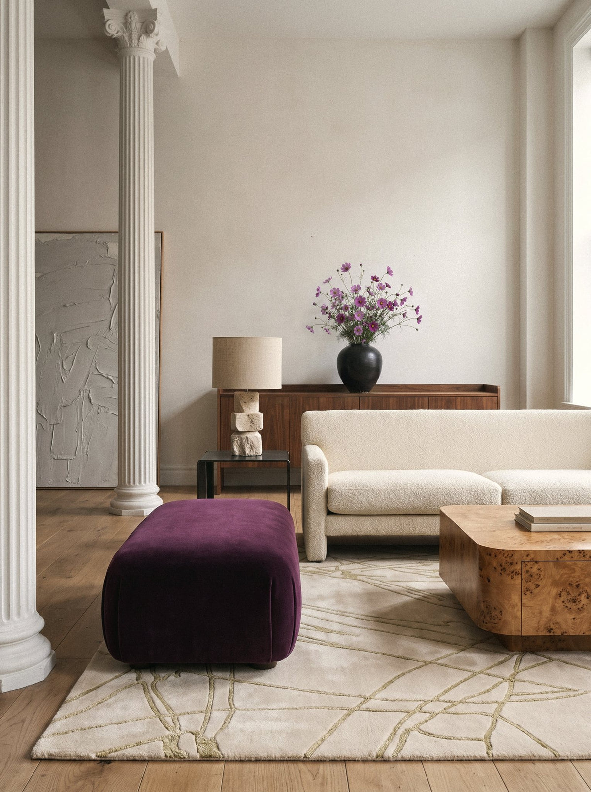 Article 443 ivory abstract line alpaca and linen hand-knotted rug in a loft living room