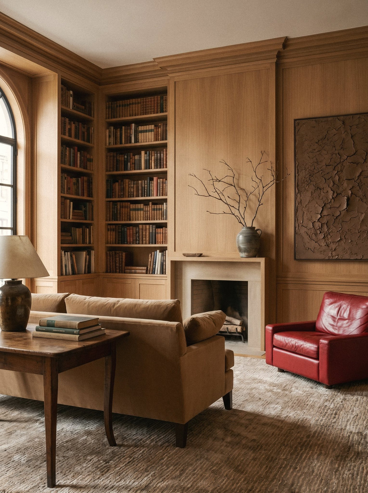 Article 541 taupe heathered silk and linen hand-knotted rug in a paneled library