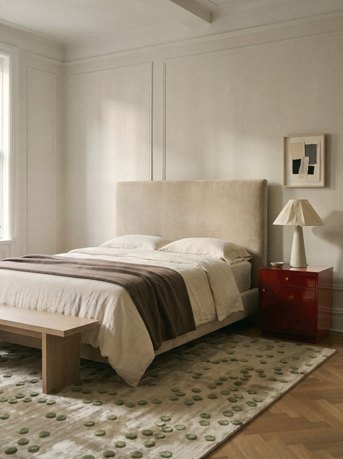 Article 542 sage dot silk hand-knotted rug in a bedroom