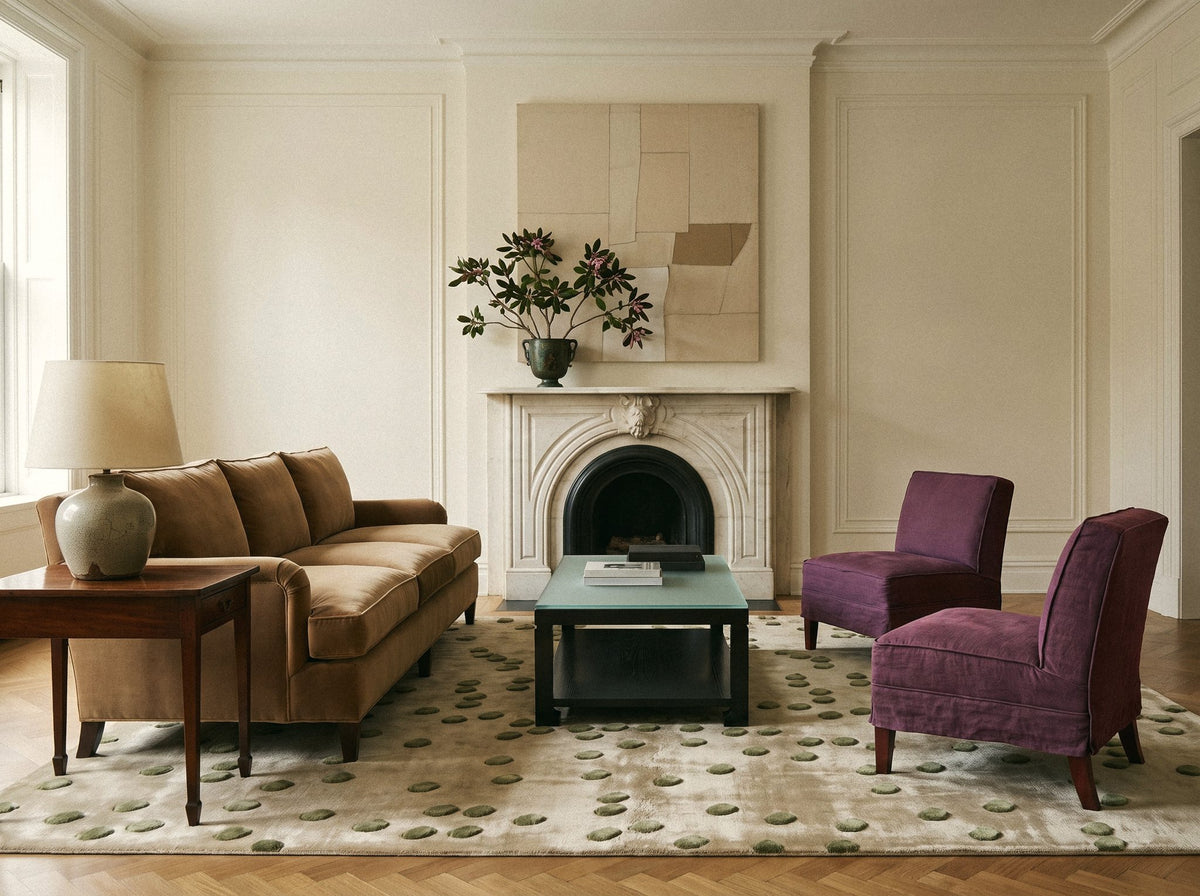 Article 542 sage dot silk hand-knotted rug in a living room, wide view