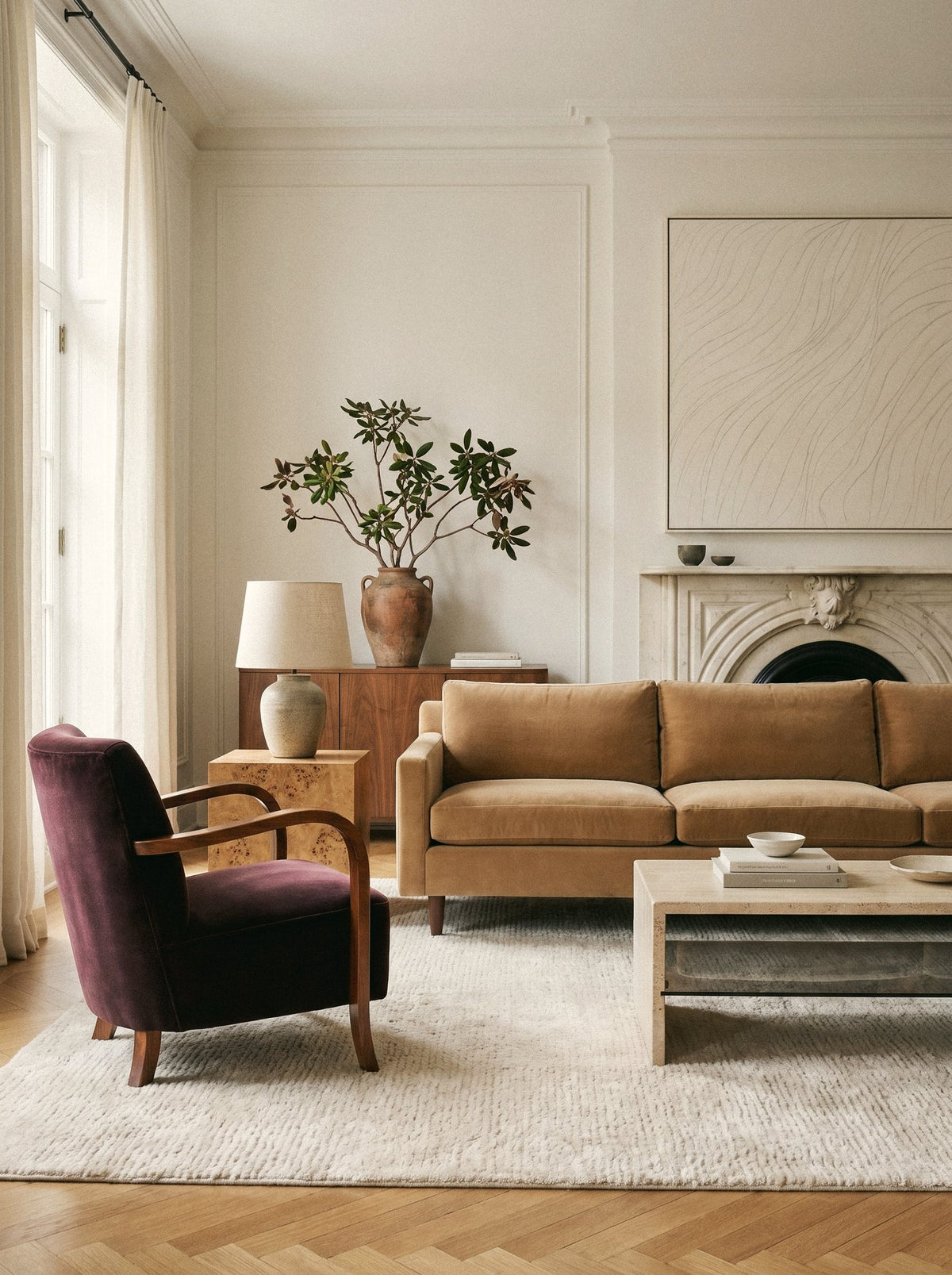 Article 611 ivory solid cashmere handwoven rug in a living room