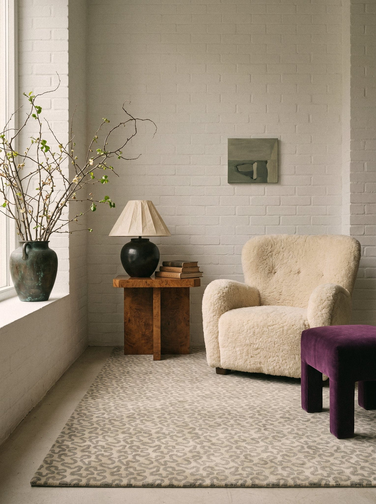 Article 641 sage squiggle cashmere and silk hand-knotted rug in a loft corner