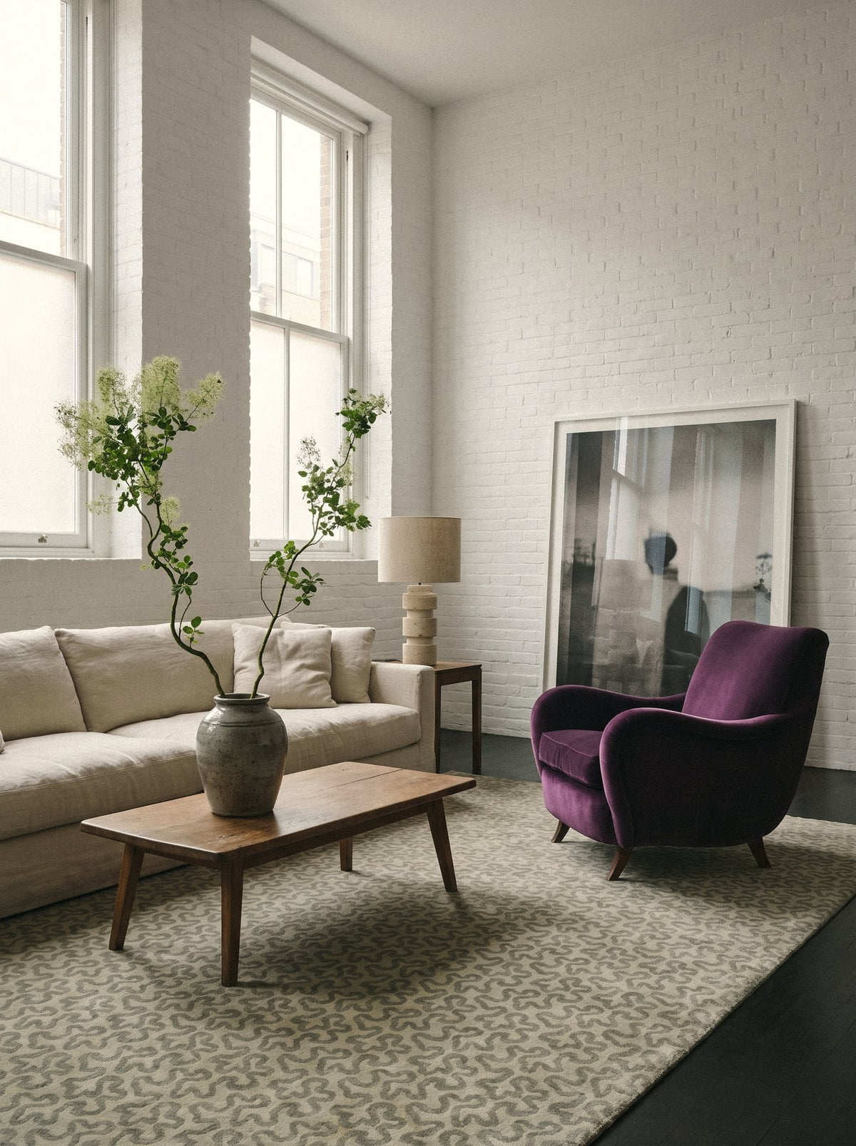 Article 641 sage squiggle cashmere and silk hand-knotted rug in a loft sitting room