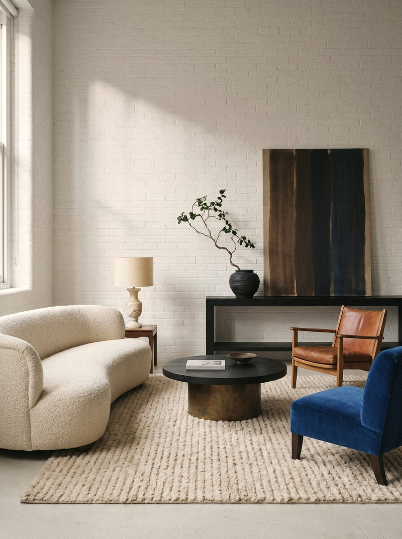 Article 411 ivory ribbed texture alpaca and linen handwoven rug in a loft living room