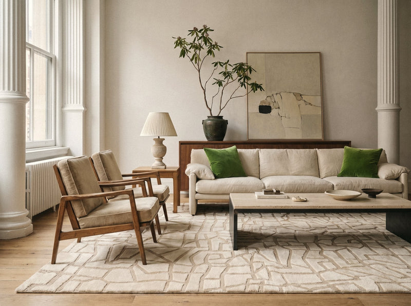 Article 441 ivory carved mosaic alpaca and linen hand-knotted rug in a living room, wide view