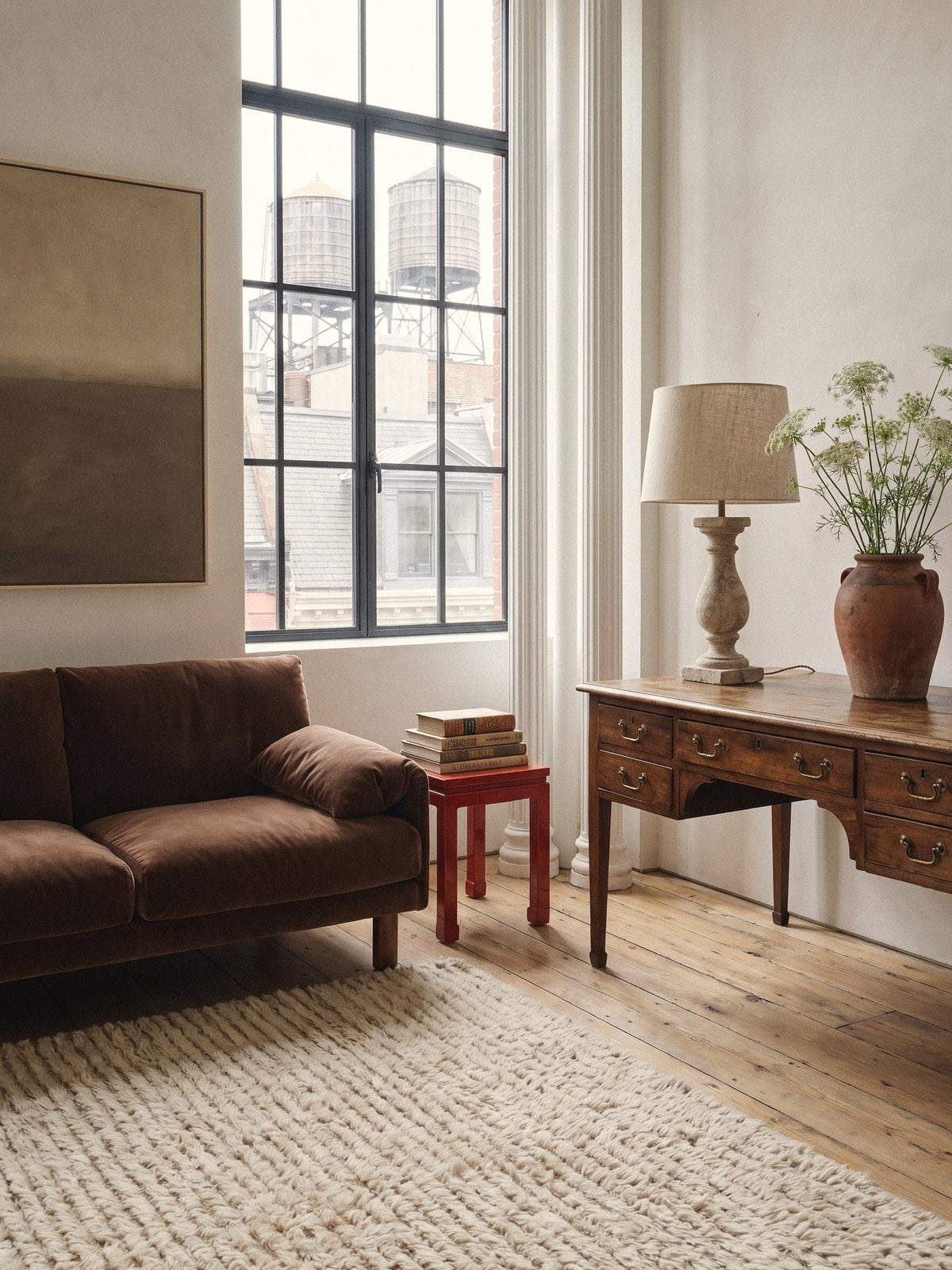 Article 411 ivory ribbed texture alpaca and linen handwoven rug in a study corner with a desk