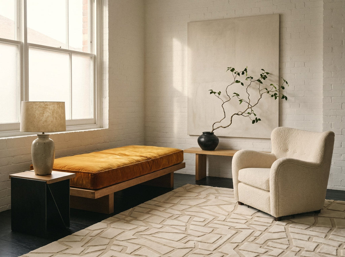 Article 441 ivory carved mosaic alpaca and linen hand-knotted rug in a loft corner