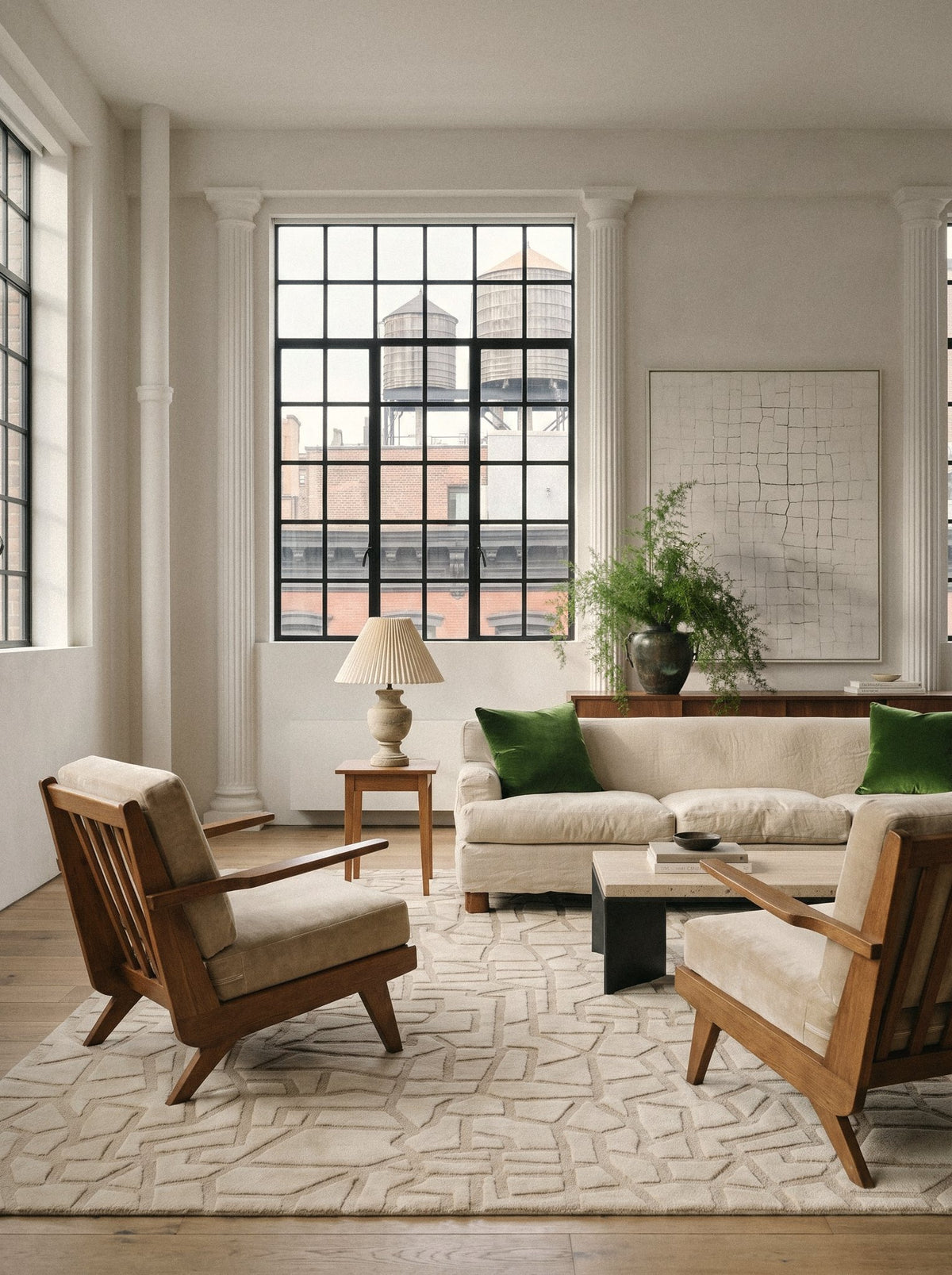 Article 441 ivory carved mosaic alpaca and linen hand-knotted rug in a loft living room