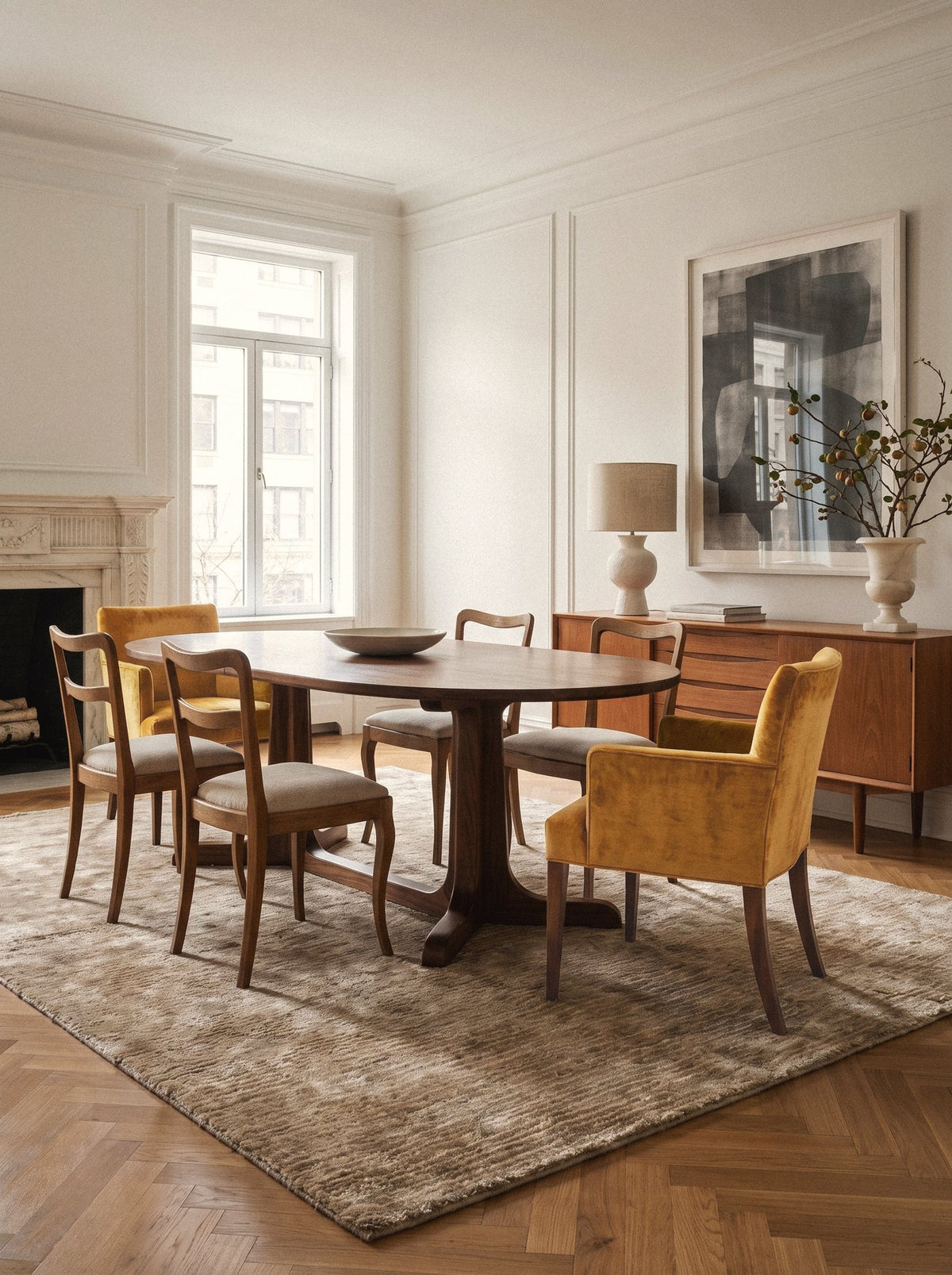 Article 541 taupe heathered silk and linen hand-knotted rug in a dining room