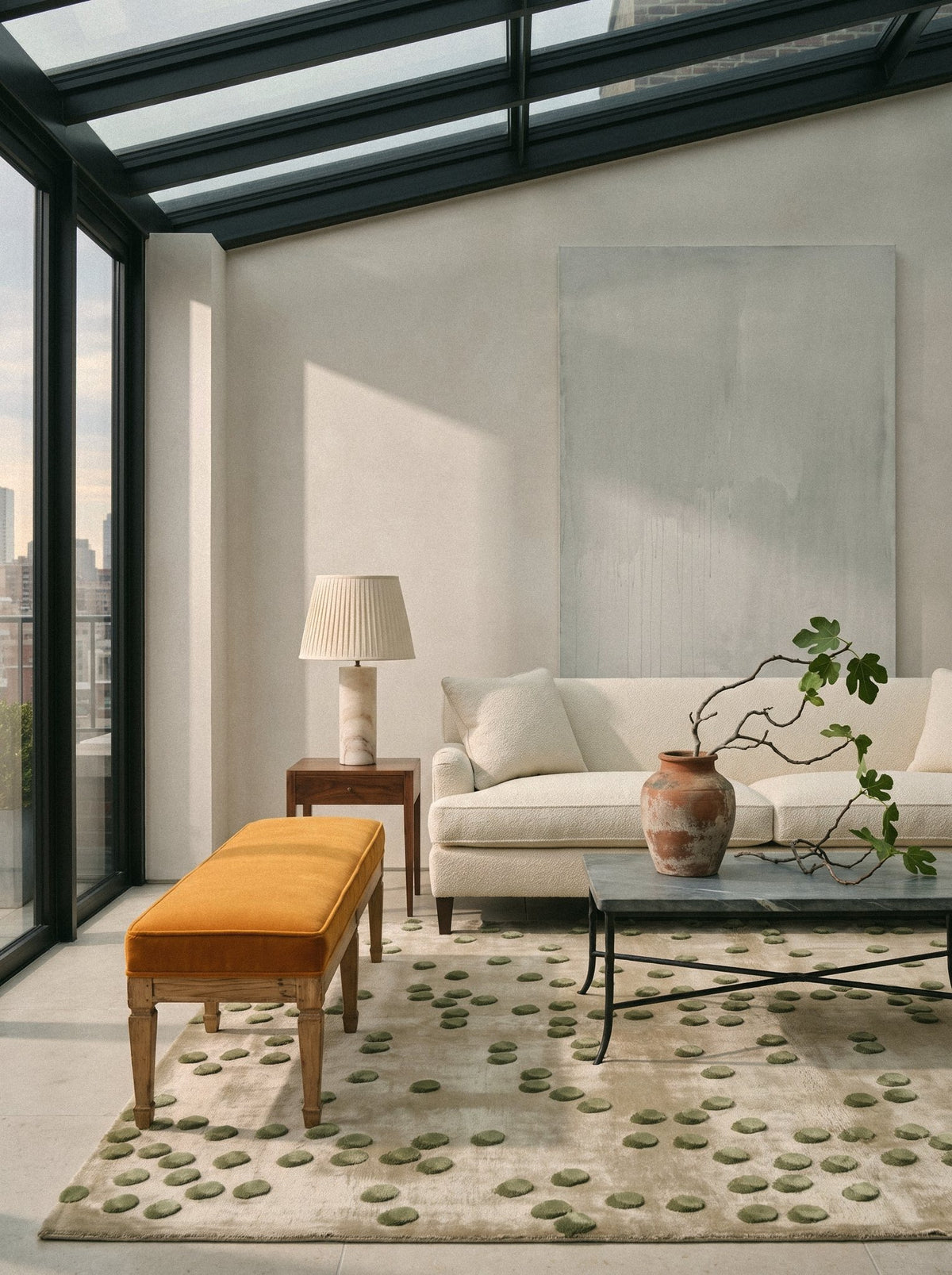 Article 542 sage dot silk hand-knotted rug in a conservatory sitting room